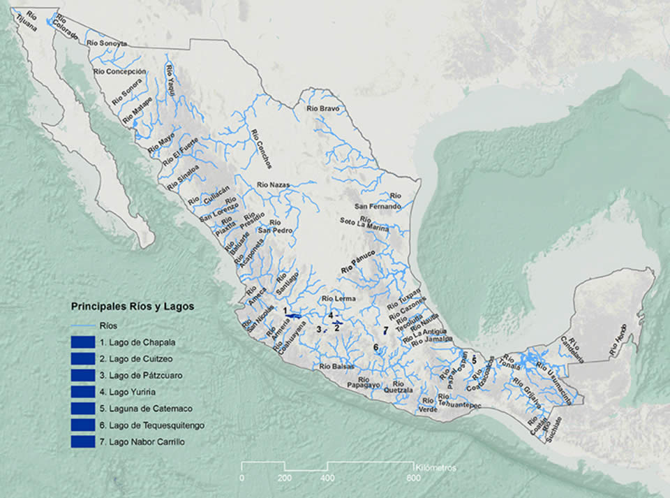 Mapa dos ríos máis importantes de México